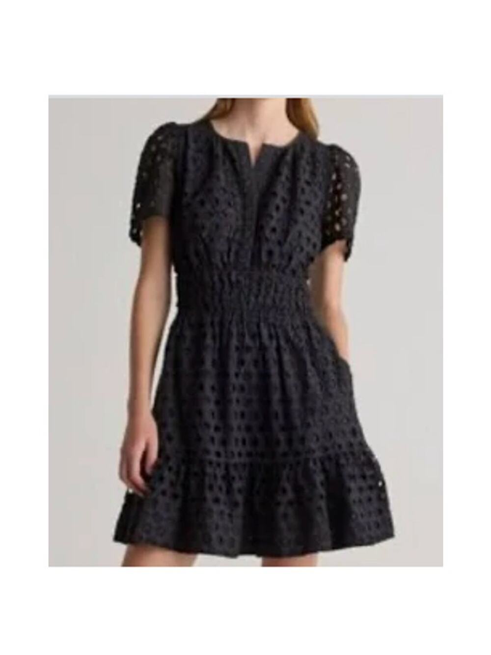 New! Quince Women's Organic Cotton Black Eyelet Mini Dress Sz XS #163